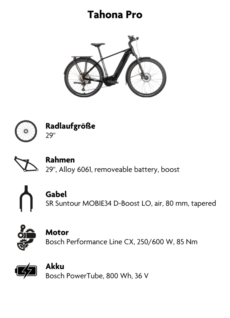 Die Abbildung zeigt die typischen technischen Merkmale eines modernen E-Mountainbikes. Es besitzt große Laufräder, einen Rahmen aus einer Aluminiumlegierung mit integriertem, aber herausnehmbarem Akku und einem bestimmten Federweg sowohl an der Vorder- als auch an der Hinterachse. Das E-Bike ist mit einer hochwertigen Luftfedergabel und einem Luftdämpfer ausgestattet. Ein leistungsstarker Mittelmotor mit hohem Drehmoment sorgt für die elektrische Unterstützung, gespeist von einem Akku mit hoher Kapazität.