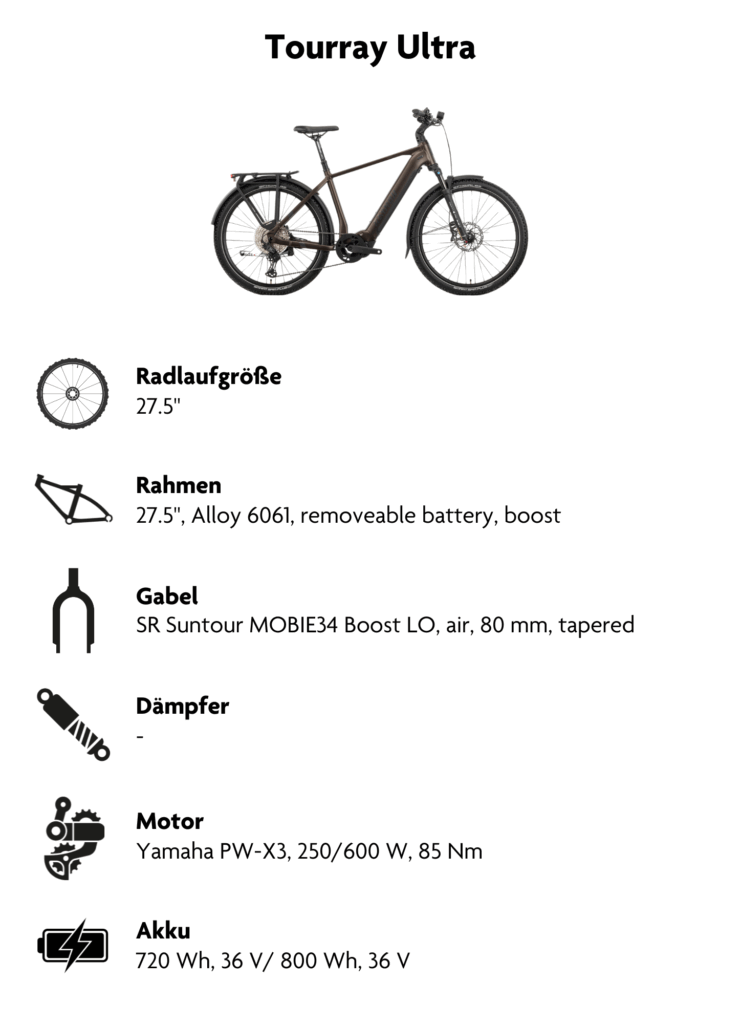 Die Abbildung zeigt die typischen technischen Merkmale eines modernen E-Mountainbikes. Es besitzt große Laufräder, einen Rahmen aus einer Aluminiumlegierung mit integriertem, aber herausnehmbarem Akku und einem bestimmten Federweg sowohl an der Vorder- als auch an der Hinterachse. Das E-Bike ist mit einer hochwertigen Luftfedergabel und einem Luftdämpfer ausgestattet. Ein leistungsstarker Mittelmotor mit hohem Drehmoment sorgt für die elektrische Unterstützung, gespeist von einem Akku mit hoher Kapazität.